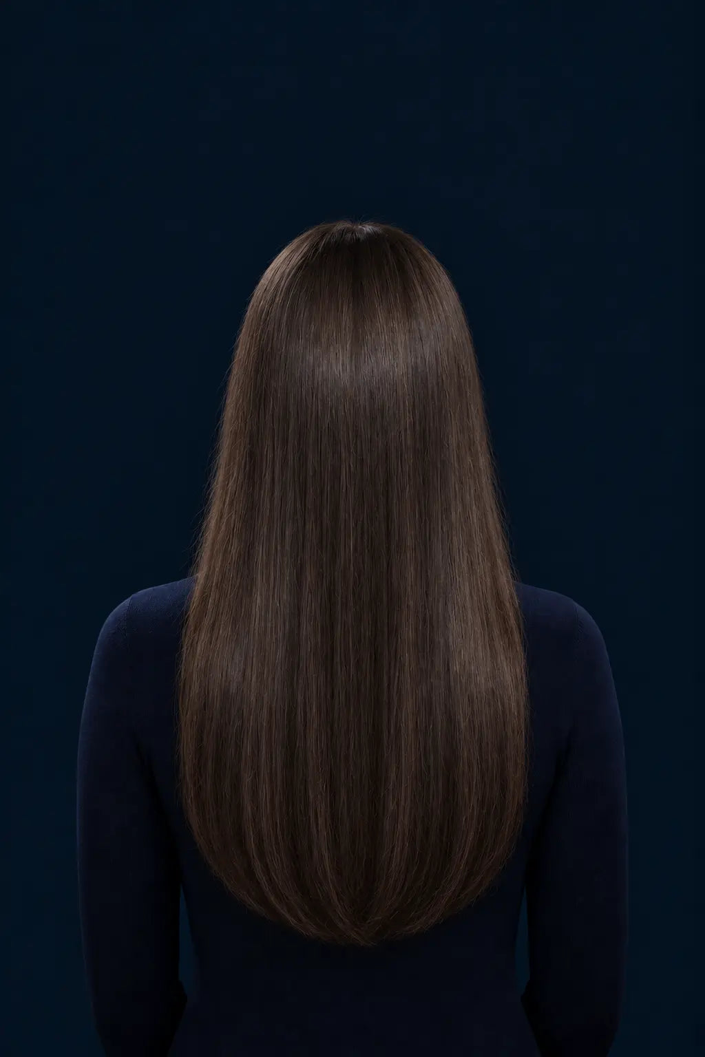 Donna di spalle con capelli disciplinati e luminosi. Visualizzazione artistica della trasformazione.